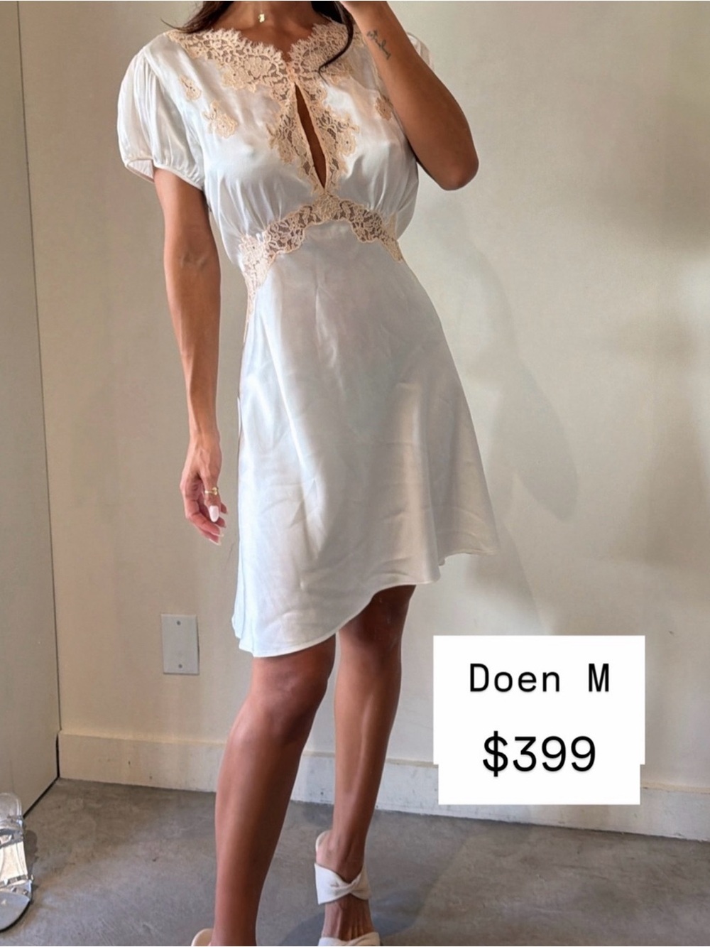 Doen White Mini Dress with Cream Lace Trim
